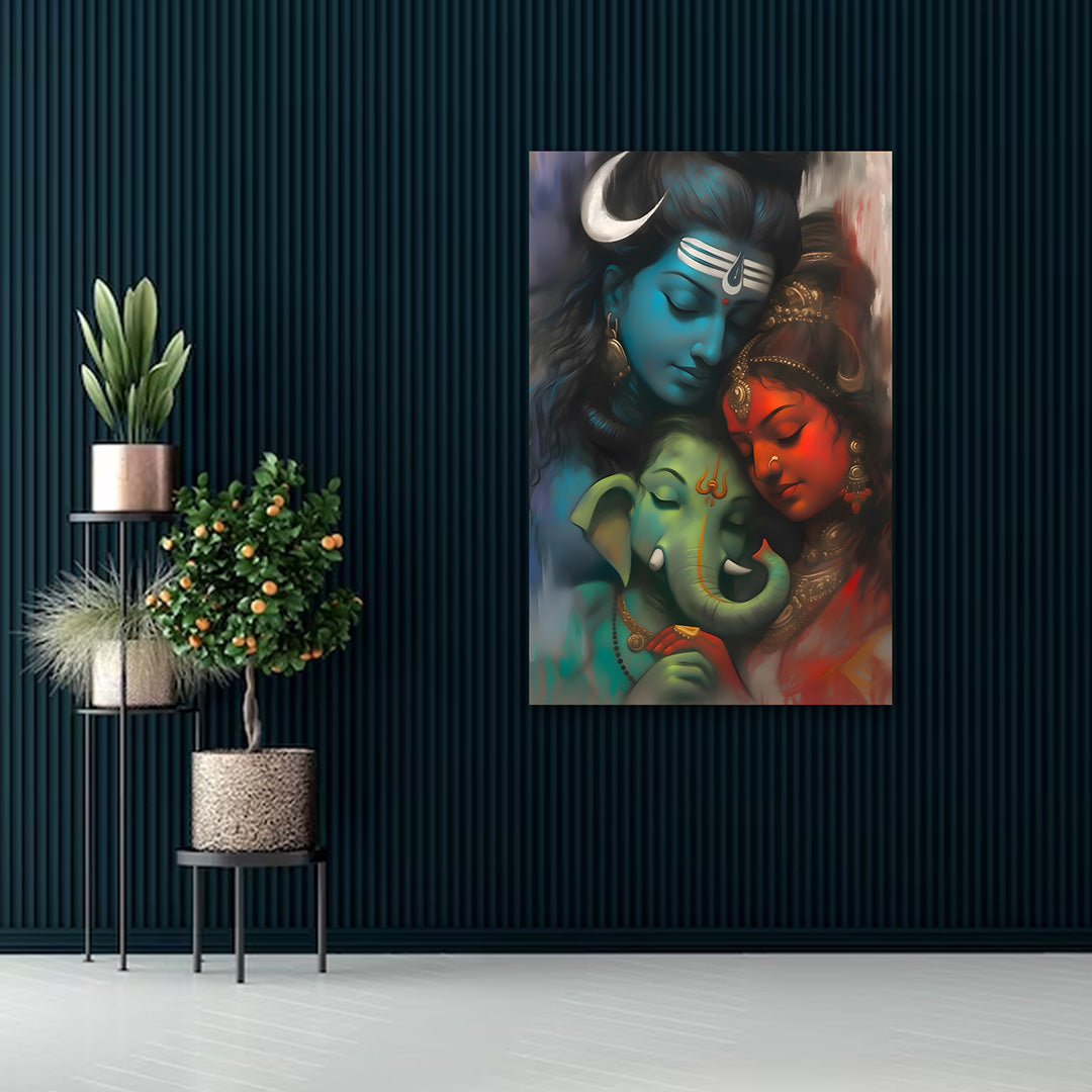 Shiv Parvati Ganesh Divine Family Wall Painting | Spiritual Canvas Art for Home Decor