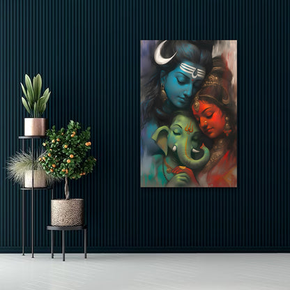 Shiv Parvati Ganesh Divine Family Wall Painting | Spiritual Canvas Art for Home Decor