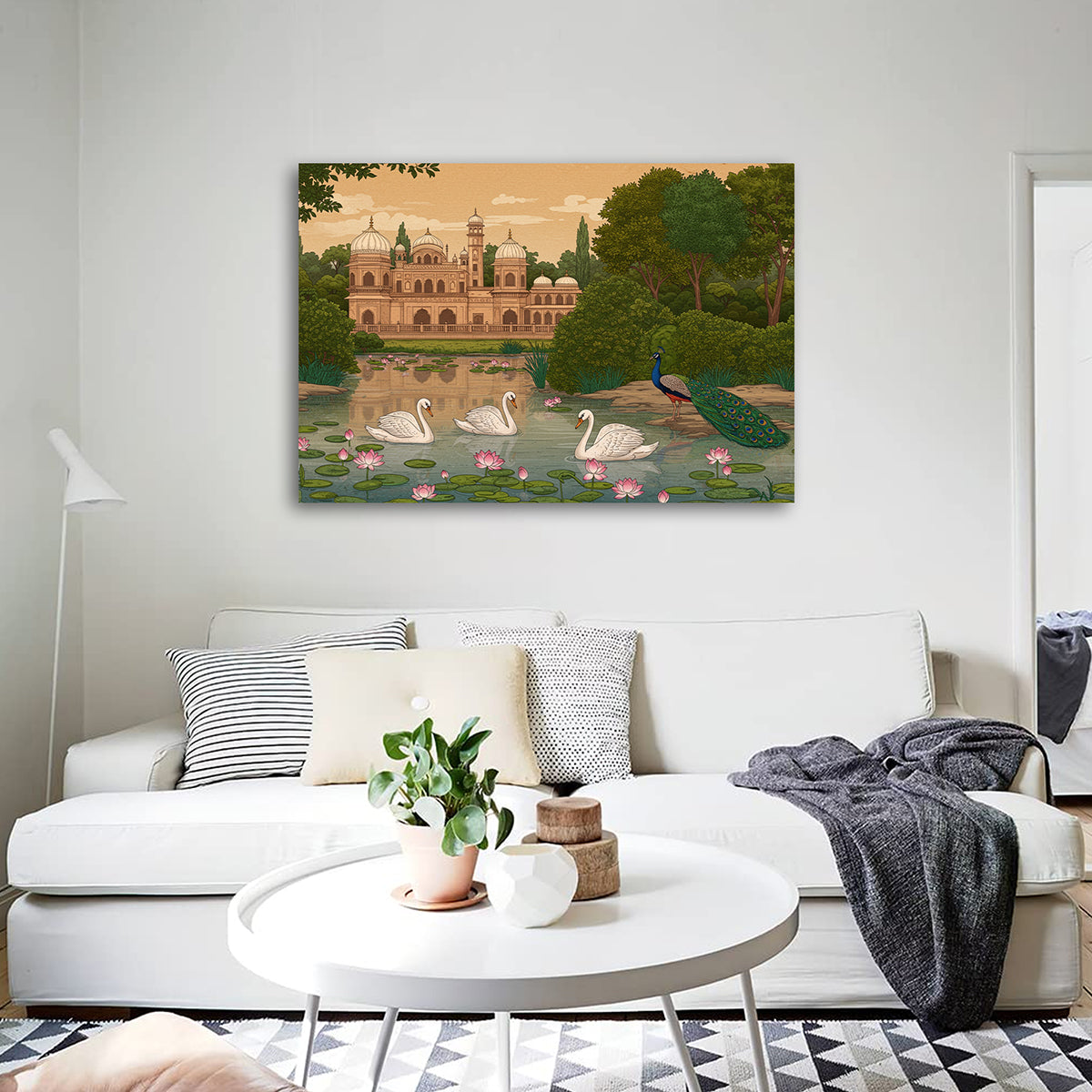 Royal Garden Palace Landscape Canvas Wall Painting | Swan & Peacock Nature Artwork | Premium Scenic Wall Decor