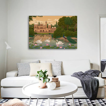 Royal Garden Palace Landscape Canvas Wall Painting | Swan & Peacock Nature Artwork | Premium Scenic Wall Decor
