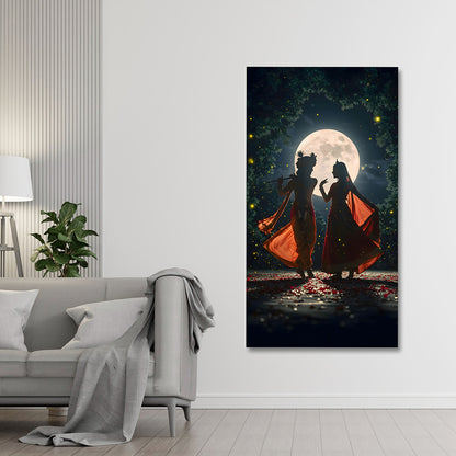 Radha Krishna Canvas Wall Painting Frame | Romantic Moonlight Couple Canvas Wall Art for Living Room | Large Size Spiritual Love Painting for Home Decor & Gifting