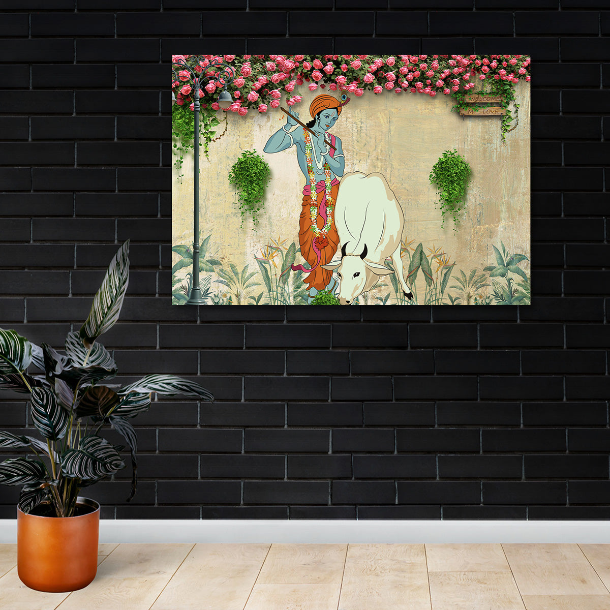 Lord Krishna with Cow Garden Style Canvas Painting Frame Wall Decor for Living Room Spiritual Artwork