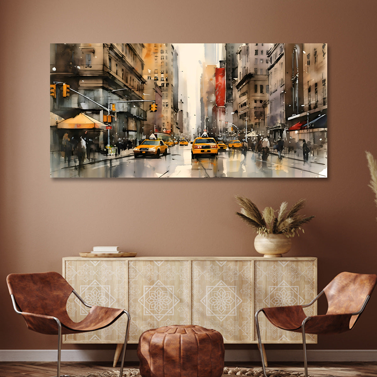 Modern City Street Canvas Wall Art with Yellow Taxi Urban Painting