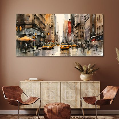 Modern City Street Canvas Wall Art with Yellow Taxi Urban Painting