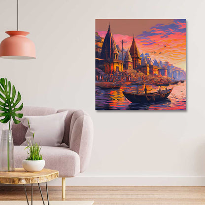 Varanasi Ghat Canvas Painting Frame – Spiritual Ganga River Temple Canvas Wall Art Painting Frame for Living Room Wall Decor