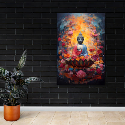 Meditating Buddha Lotus Wall Painting | Spiritual Floral Canvas Art for Peaceful Home Decor