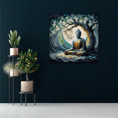 Meditating Buddha Tree Canvas Wall Painting | Modern Spiritual Zen Art for Living Room & Home Decor