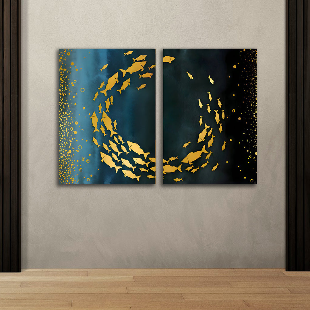 Abstract Gold Fish Canvas Painting Wall Art – Large Size Frame for Living Room (18 x 24 Inches Each Part)