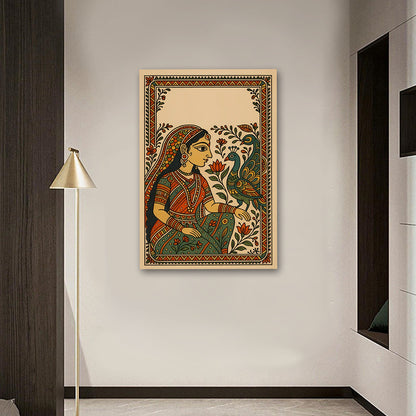 Traditional Indian Folk Art Canvas Painting | Woman with Bird Ethnic Wall Art Canvas Painting Frame for Living Room