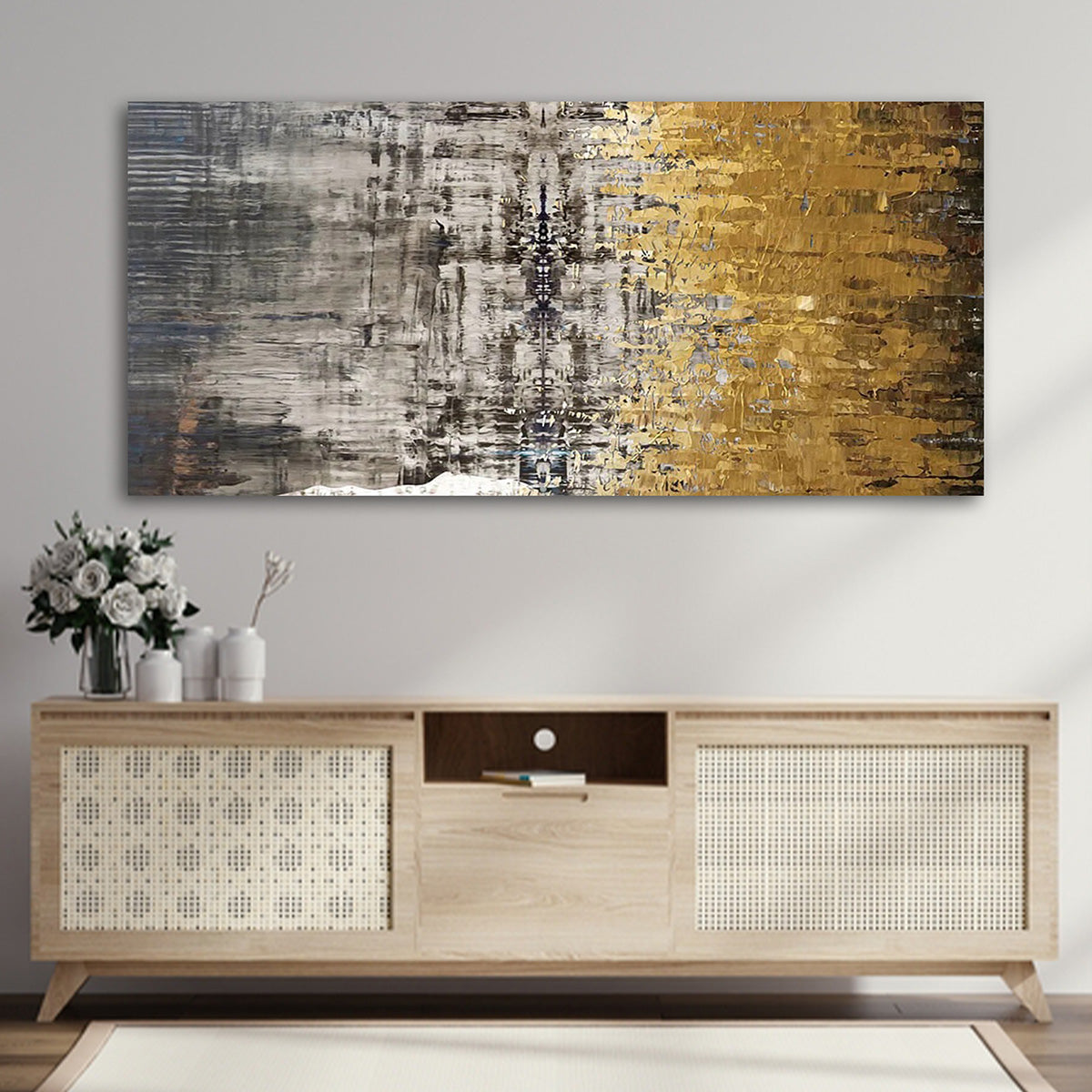 Abstract Gold Grey Canvas Painting Wall Art – Large Size Frame for Living Room Decor