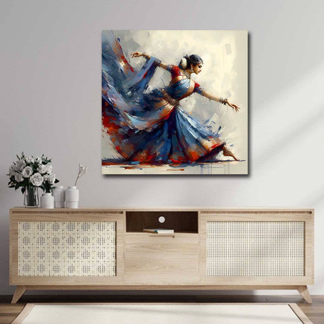Canvas Painting Wall Frame | Classical Indian Kathak Dancer Portrait | Vibrant Blue & Red Impressionist Modern Wall Art