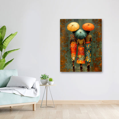 Ethnic Women with Umbrellas Wall Painting | Colorful Cultural Canvas Art for Home Decor