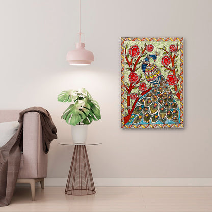 Madhubani Peacock Canvas Wall Art | Traditional Indian Folk Painting for Home Decor & Living Room