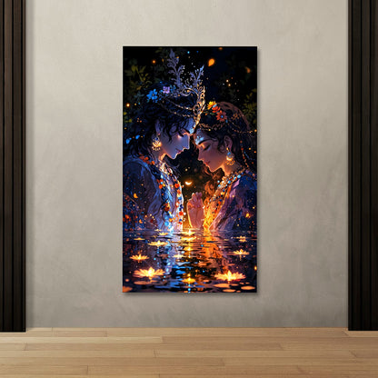 Radha Krishna Night Canvas Painting Frame | Romantic Reflection Wall Art with Diya Lights | Premium Spiritual Canvas Wall Decor for Living Room