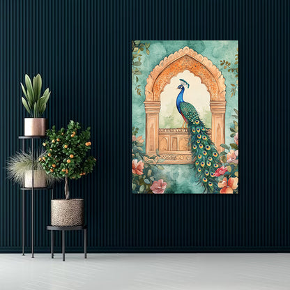 Elegant Peacock Arch Canvas Wall Painting | Traditional Floral Bird Artwork | Premium Aesthetic Wall Decor