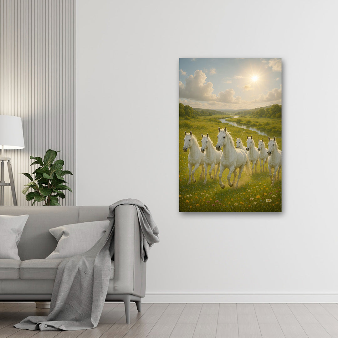 7 Running White Horses Meadow Painting | Nature Landscape Canvas Art for Vastu Home Decor