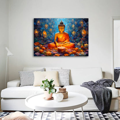 Serene Buddha Candlelight Wall Painting | Spiritual Meditation Canvas Art for Peaceful Decor