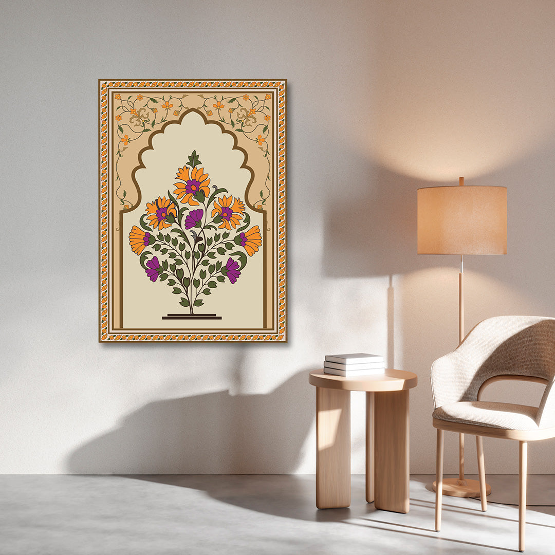 Floral Arch Canvas Wall Painting | Traditional Indian Botanical Artwork | Elegant Ethnic Wall Decor