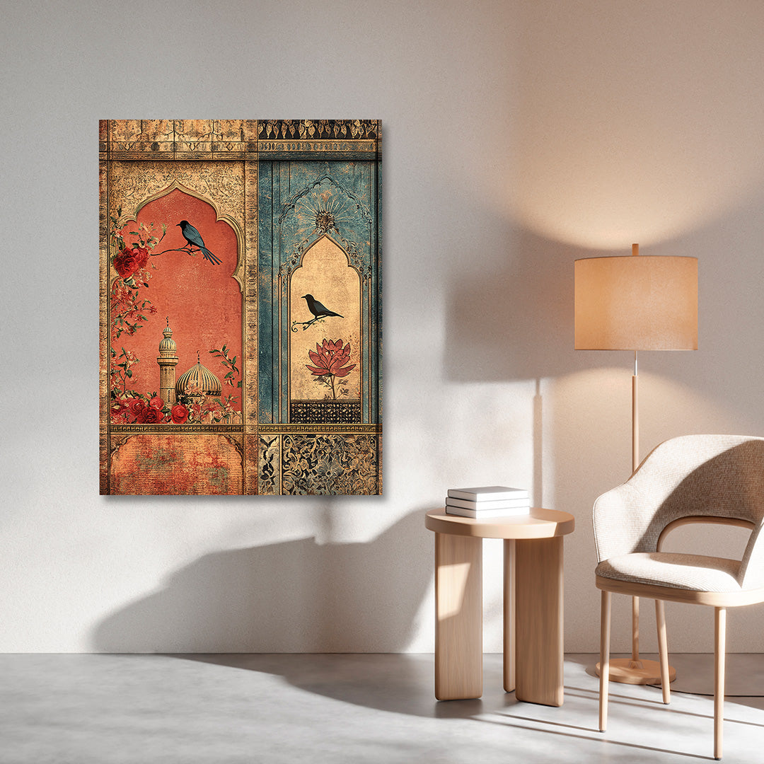 Vintage Mughal Window Bird Canvas Wall Painting | Floral Palace Artwork | Premium Ethnic Wall Decor