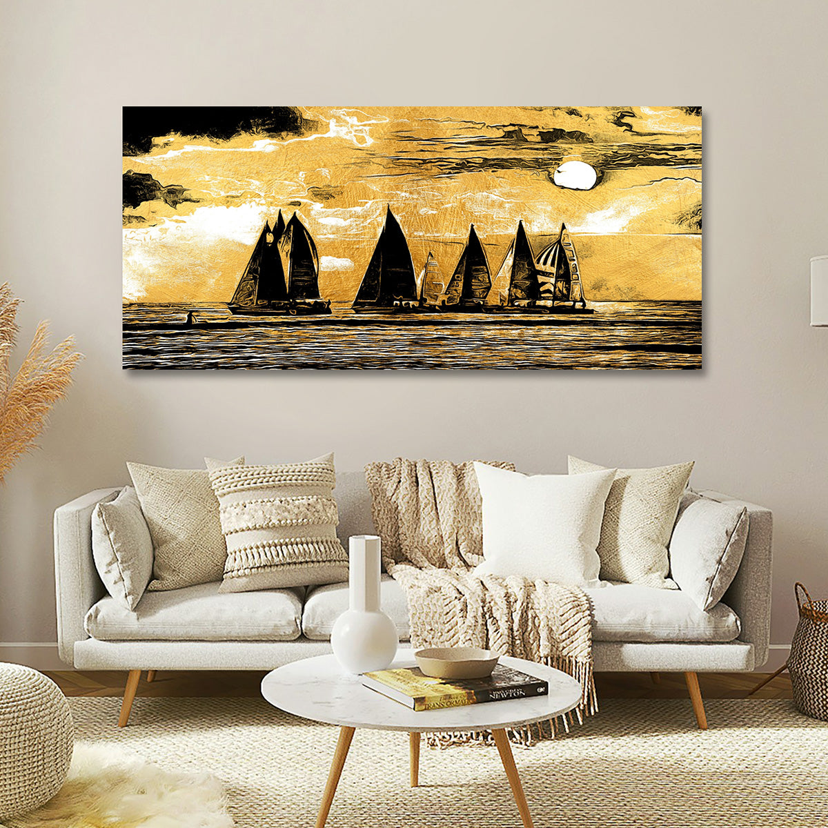 Golden Sailboat Sunset Canvas Wall Art Seascape Painting for Living Room