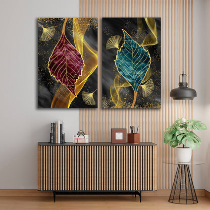 Abstract Gold Leaf Canvas Painting Wall Art Set – Large Size Frame (18 x 24 Inches Each Part)
