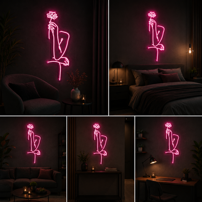 Hand Holding Flower Neon Sign Board – Pink LED Neon Light Wall Decor | Custom Neon Light & Customised Neon Light