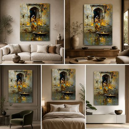 Traditional Indian Woman Diya Canvas Painting Frame – Spiritual Festival Canvas Wall Art Painting Frame for Living Room Wall Decor