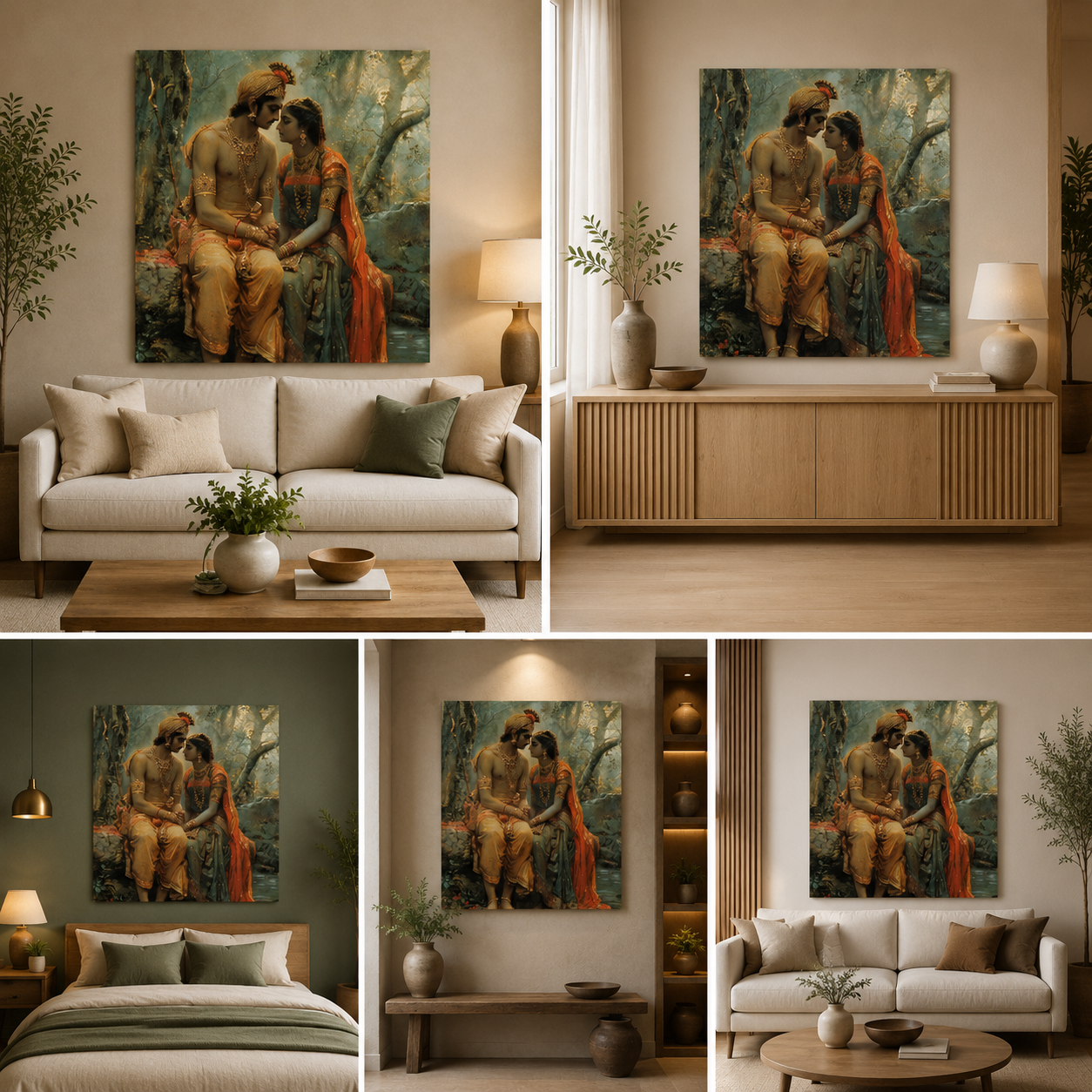 Radha Krishna Vintage Style Canvas Painting Frame Romantic Spiritual Wall Art for Living Room Décor