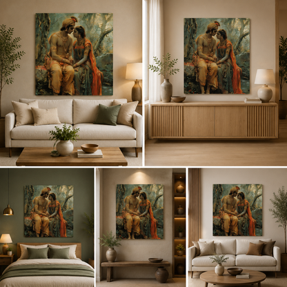 Radha Krishna Vintage Style Canvas Painting Frame Romantic Spiritual Wall Art for Living Room Décor