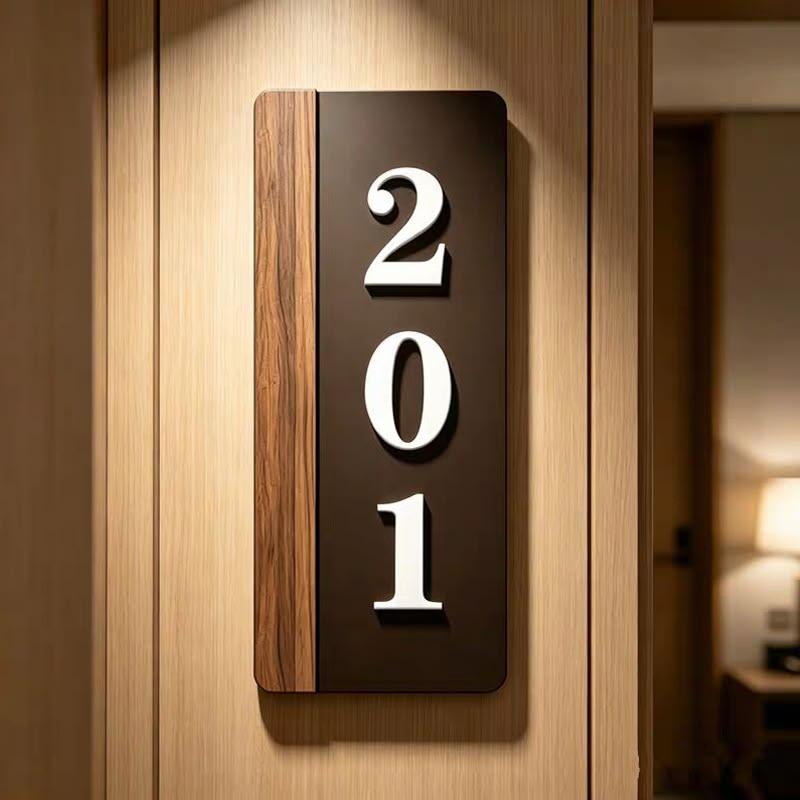 Premium Vertical House Number Plate with Black Finish, Wooden Accent and 3D White Numbers