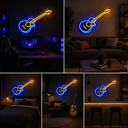Guitar Neon Sign with Blue and Yellow Glow for Music Room, Studio and Modern Decor