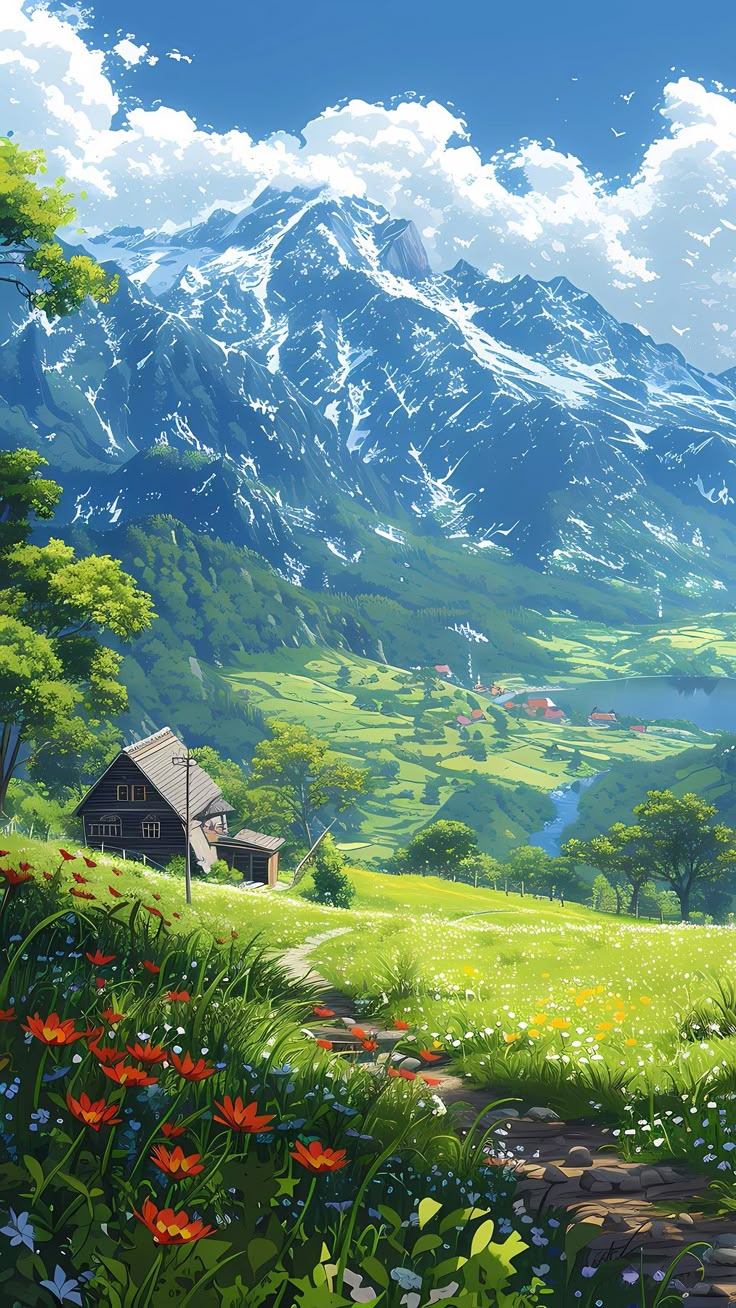 3D Alpine Mountain Valley Ceiling Design with Snowy Peaks, Meadow & Flowers