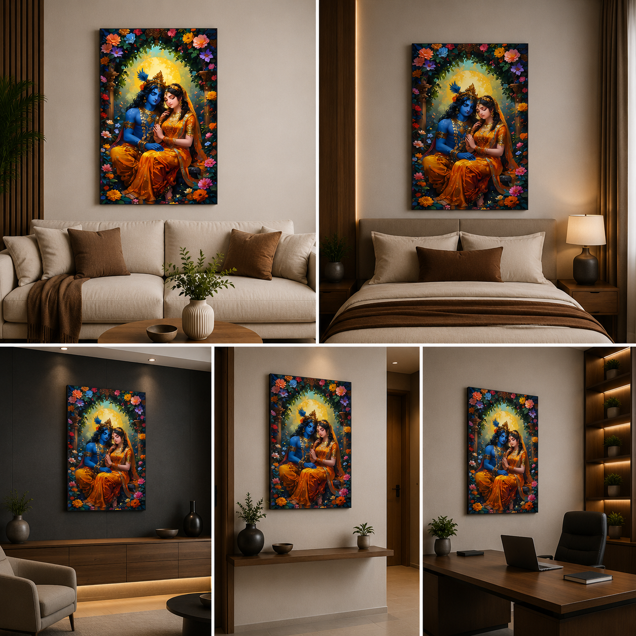 Radha Krishna Floral Canvas Painting Frame | Romantic Divine Couple Wall Art with Flower Arch | Large Spiritual Canvas Wall Decor for Living Room