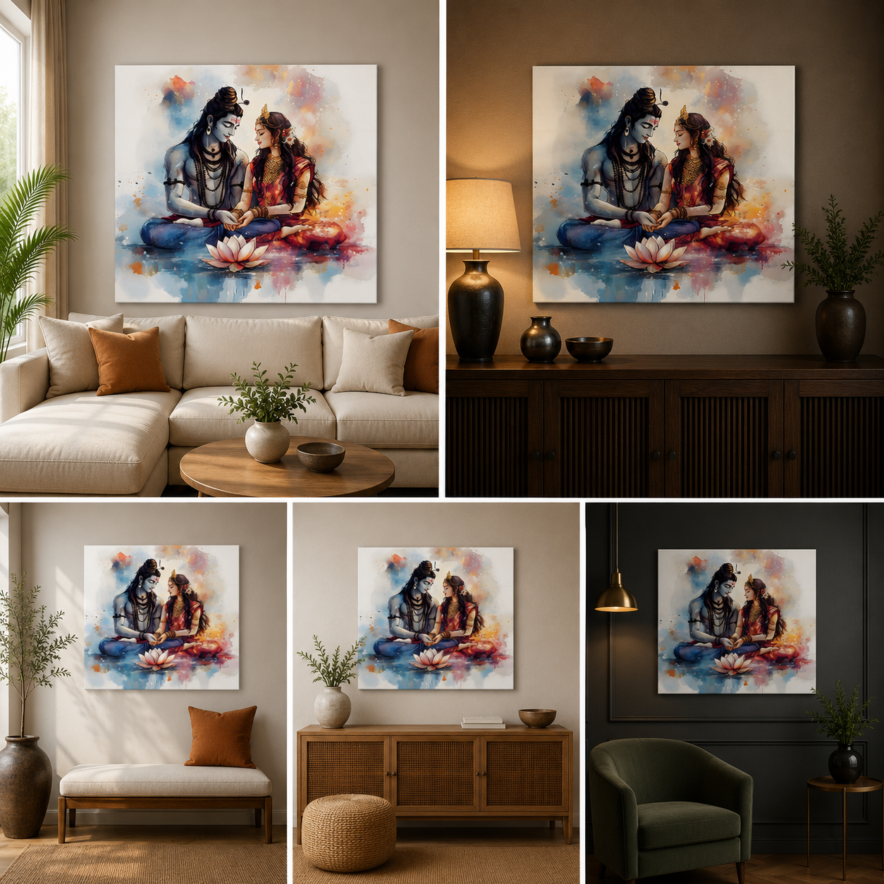 Shiv Parvati Watercolor Canvas Painting Frame | Minimal Divine Couple Wall Art | Large Spiritual Canvas Wall Decor for Living Room