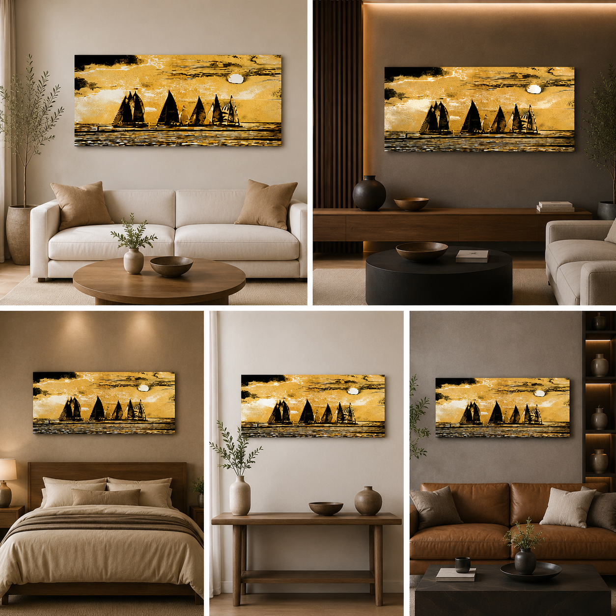 Golden Sailboat Sunset Canvas Wall Art Seascape Painting for Living Room