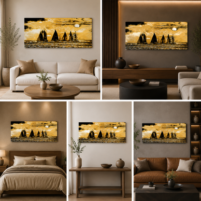 Golden Sailboat Sunset Canvas Wall Art Seascape Painting for Living Room