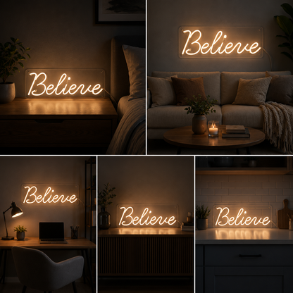 Believe Neon Sign Board | LED Neon Light Inspirational Wall Decor for Room & Office