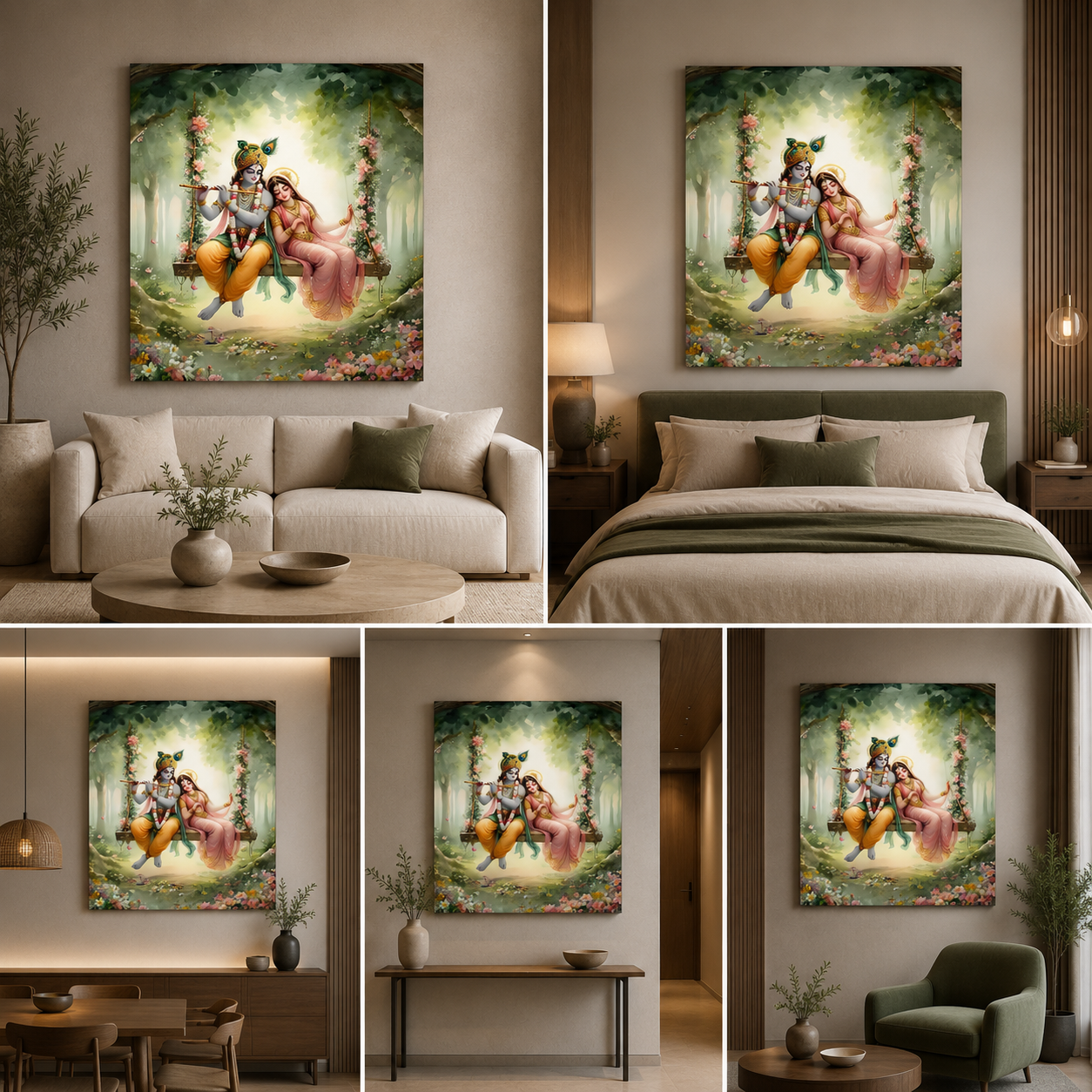 Radha Krishna Garden Swing Canvas Painting Frame Wall Art Decor | Divine Radha Krishna Floral Jhula Canvas Painting Frame for Living Room