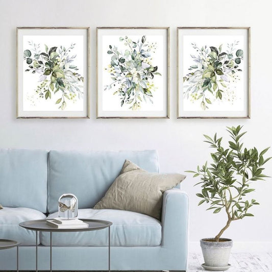Premium watercolor botanical canvas painting set for living room, bedroom, and office walls