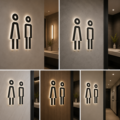 LED Backlit Restroom Sign | Illuminated Men Women Toilet Wall Signage | Modern Glow Washroom Marker