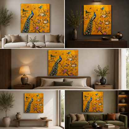 Royal Peacock Floral Canvas Wall Painting | Luxury Bird Artwork with Golden Background | Premium Decorative Wall Art