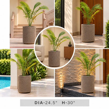 Large beige grey textured round planter with ornamental green palm plant, 24.5 inch diameter contemporary indoor outdoor planter