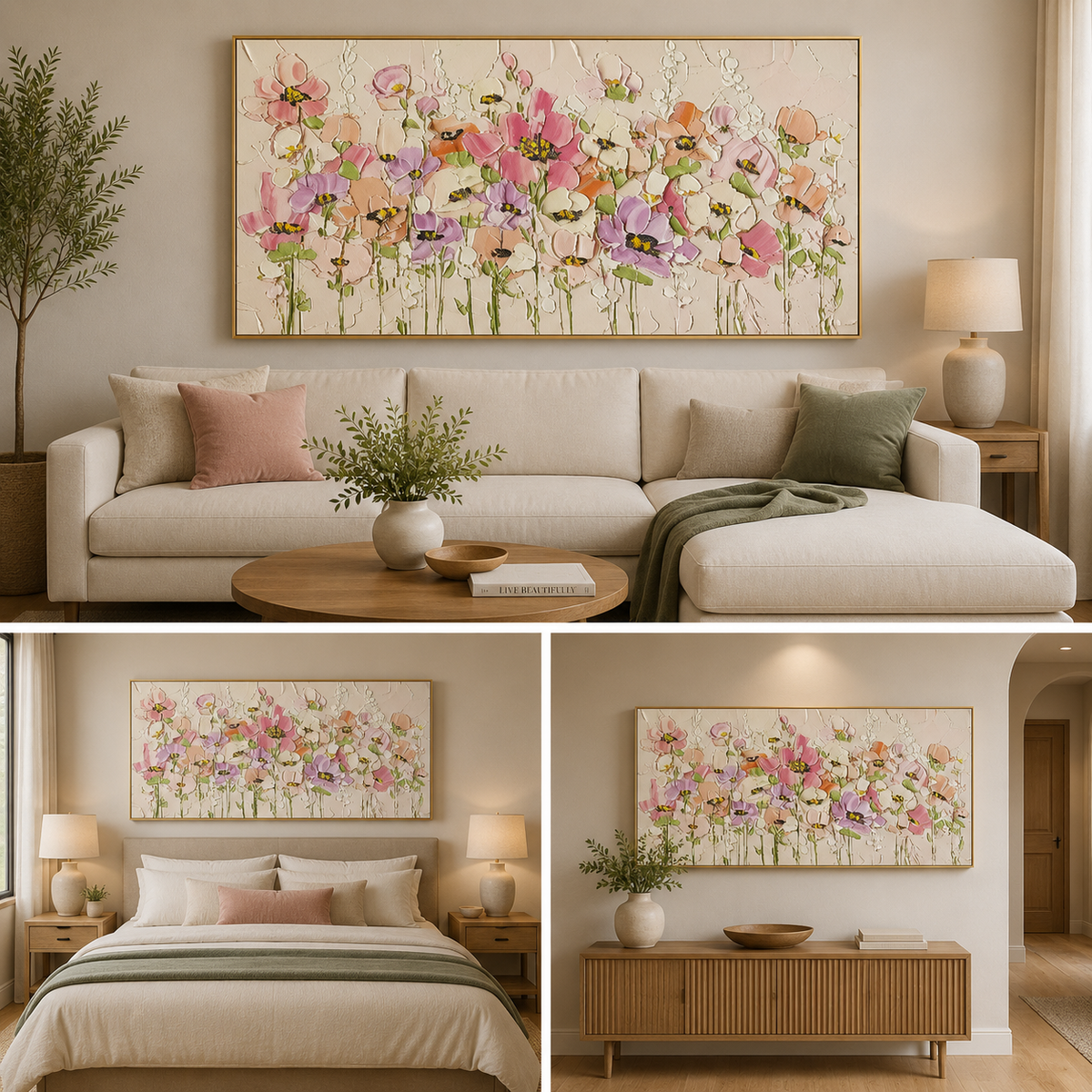Pastel flower garden canvas artwork shown above a sofa, bed and wooden sideboard.