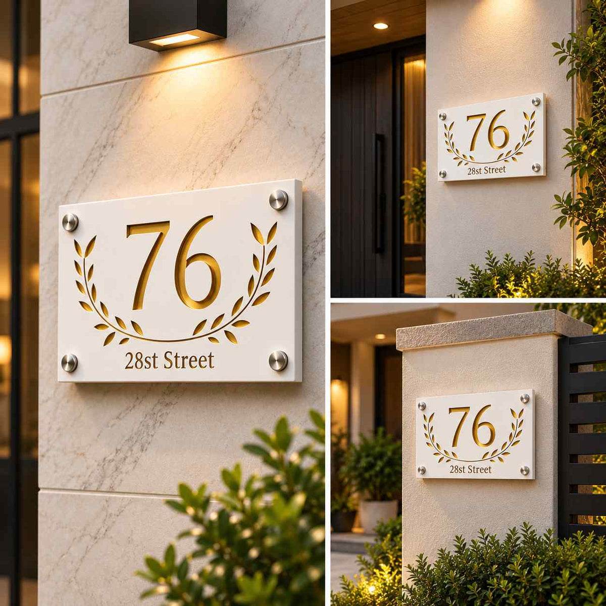 Custom Address Name Plate with Gold 3D Numbers and Laurel Leaf Design for Home Entrance