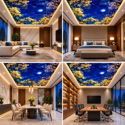 3D Night Sky Ceiling Design with Moon and Flowering Trees for Living Room & Bedroom