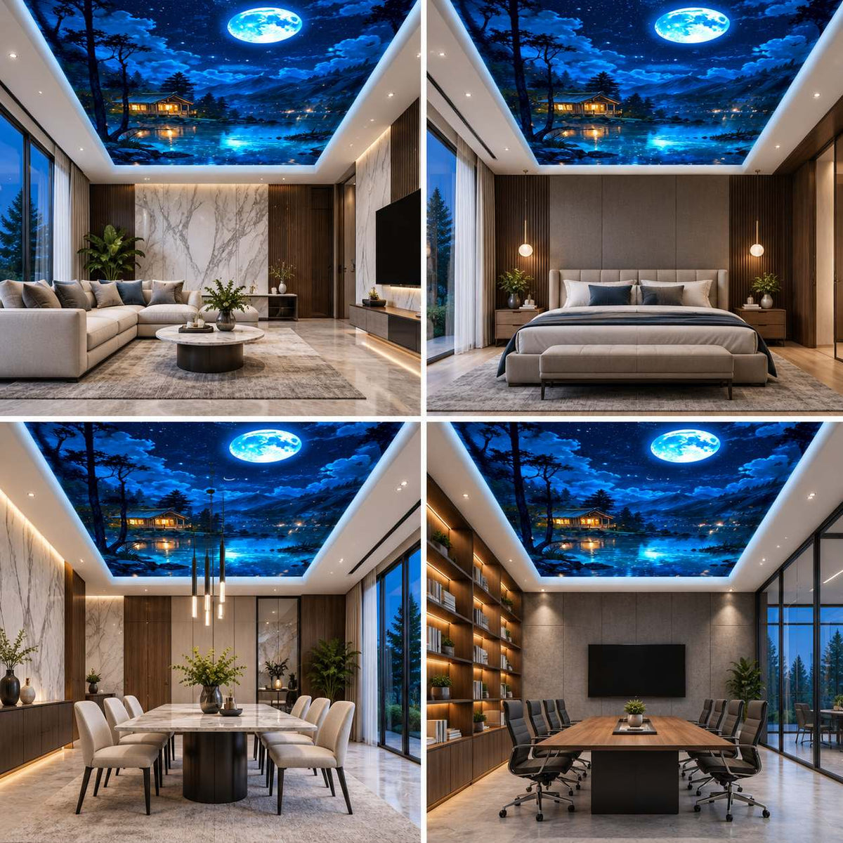 3D Moonlit Lake Ceiling Wallpaper with Glowing Moon, Starry Night Sky and Cabin View