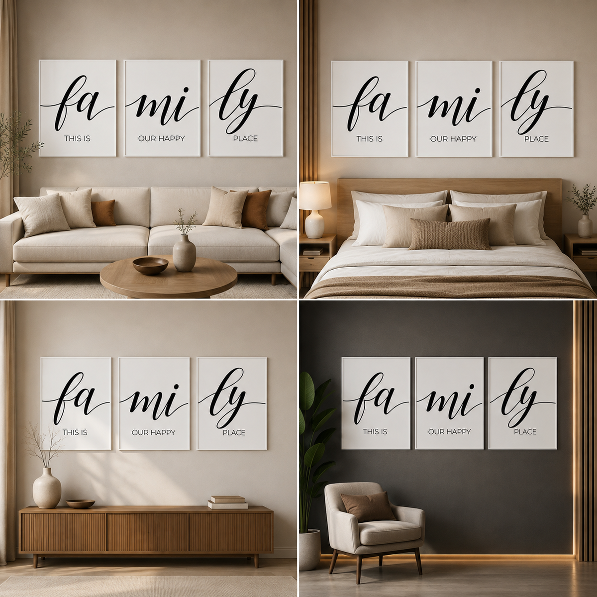 Family Quote 3 Panel Canvas Wall Art with Modern Typography for Living Room Home Decor