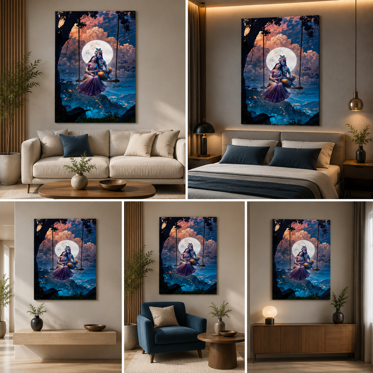 Radha Krishna Moonlight Swing Canvas Painting Frame Wall Art Decor | Divine Radha Krishna Night Sky Canvas Painting Frame for Living Room