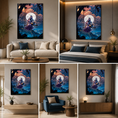 Radha Krishna Moonlight Swing Canvas Painting Frame Wall Art Decor | Divine Radha Krishna Night Sky Canvas Painting Frame for Living Room