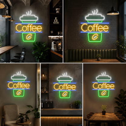 Coffee Cup Neon Sign Board – Cafe Custom Neon Light Wall Decor with Text (12 By 20 Inches)